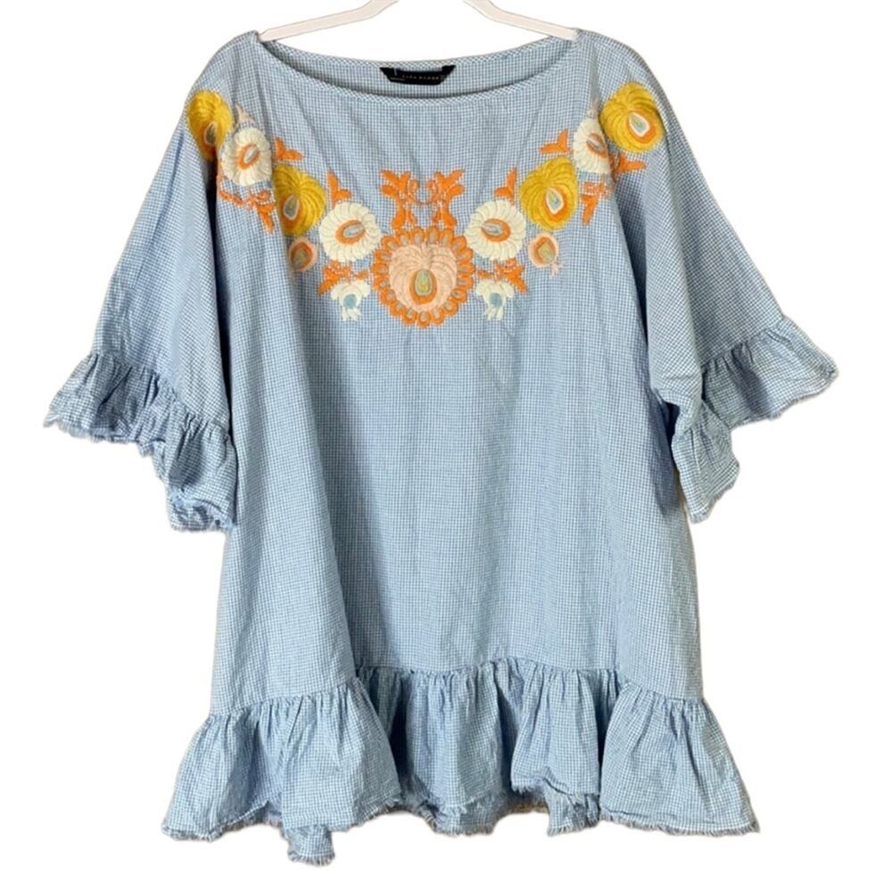 Zara Woman Blue White Gingham Check Floral Embroidered Tunic Top SZ Medium